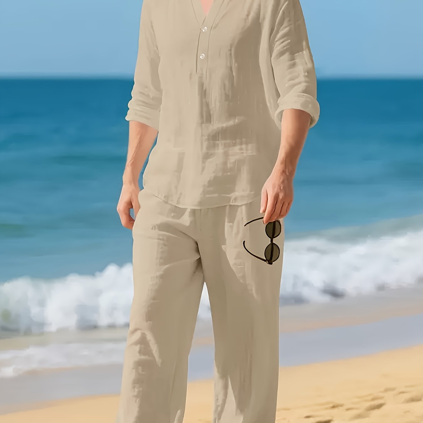 Men's Linen Shirt & Pants Set, V-Neck Long-Sleeve