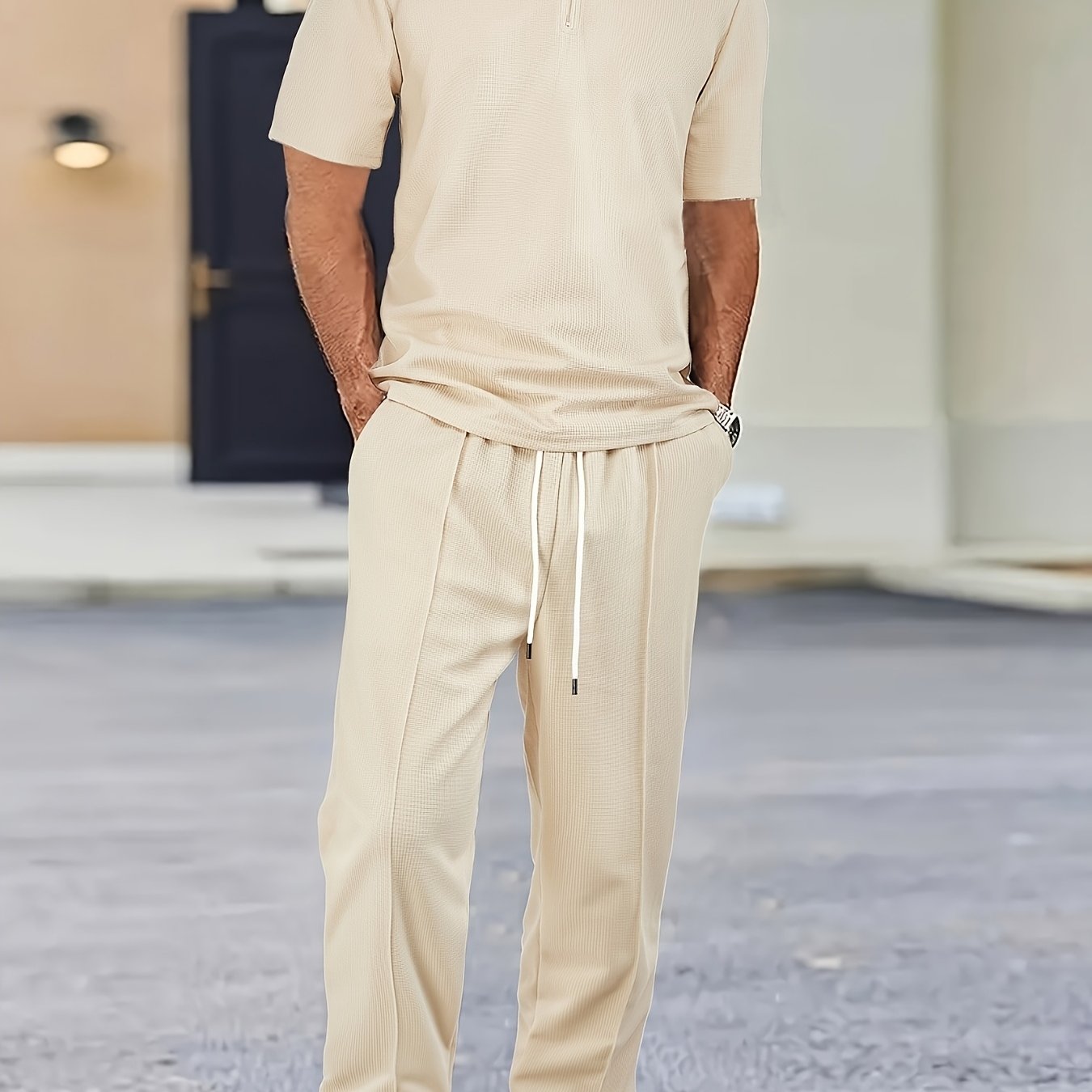 Men's Waffle-Knit Shirt & Pants Set, Zip Lapel
