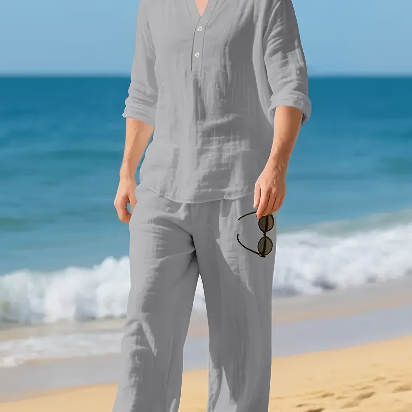 Men's Linen Shirt & Pants Set, V-Neck Long-Sleeve