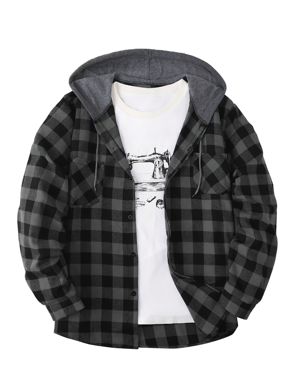 Men's Hooded Plaid Shirt, Long-Sleeve