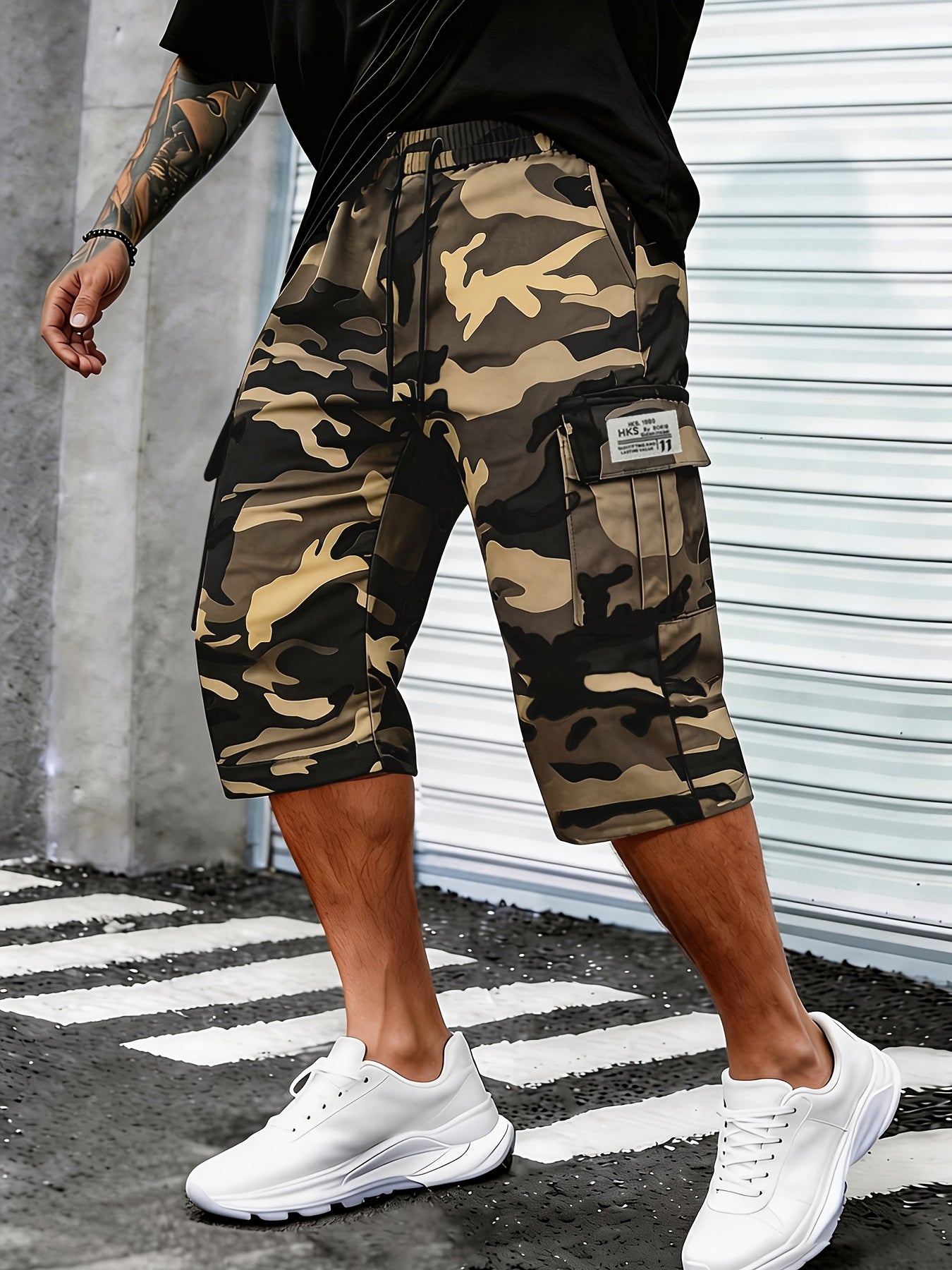 Men's Camo Cargo Capri Shorts, Multi-Pocket, Adjustable Waist