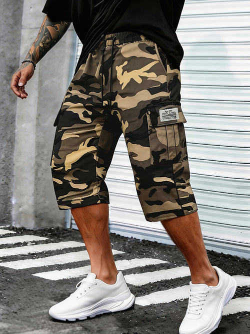 Men's Camo Cargo Capri Shorts, Multi-Pocket, Adjustable Waist