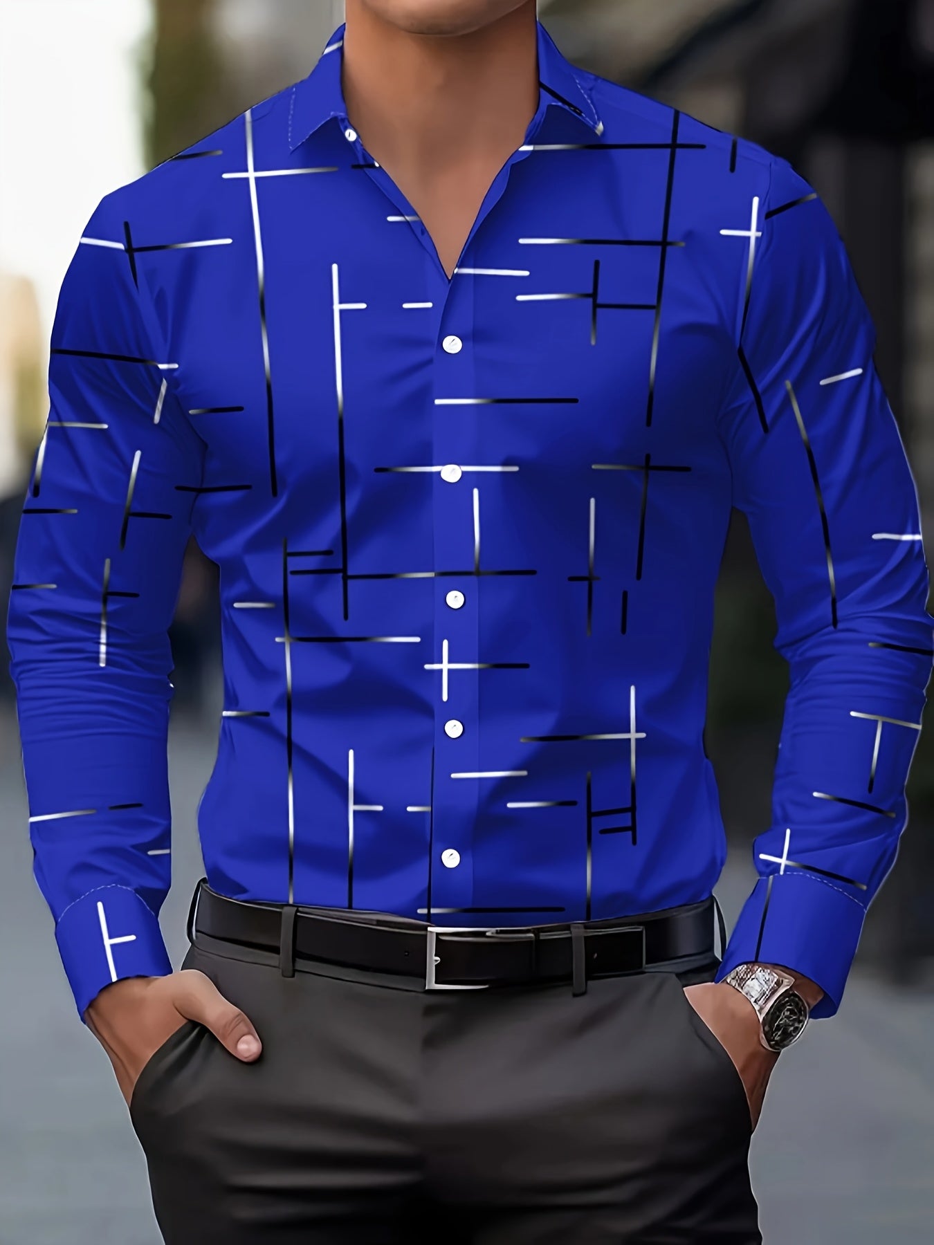 Men's Long-Sleeve Shirt, Geometric Print, Button-Up
