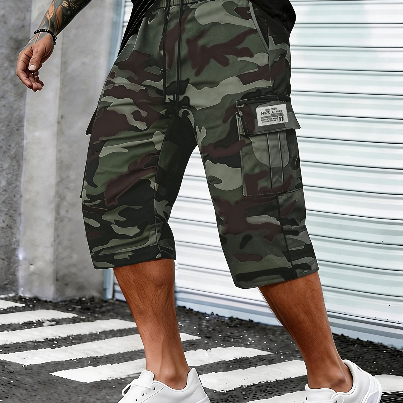 Men's Camo Cargo Capri Shorts, Multi-Pocket, Adjustable Waist