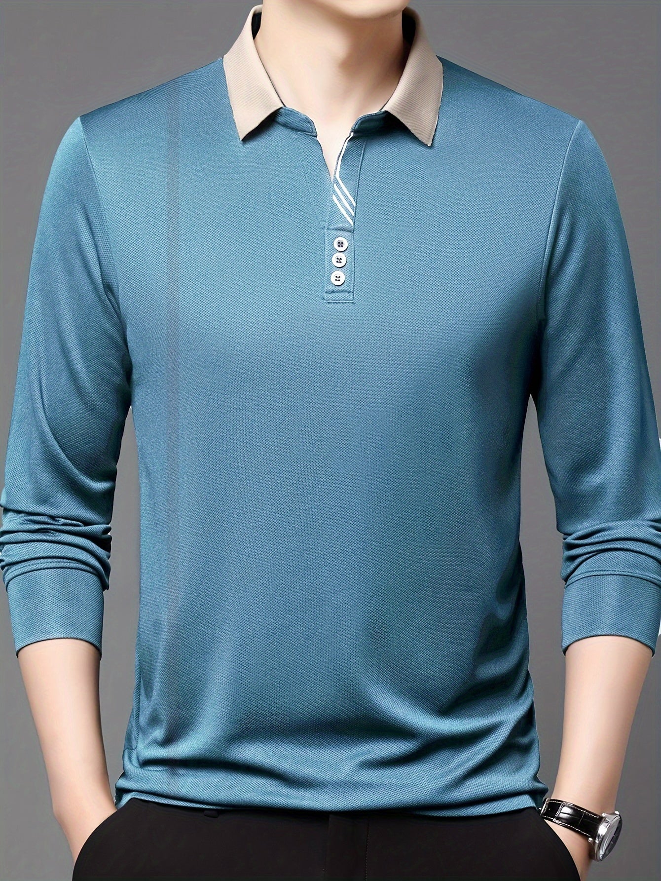 Men's Long-Sleeve Polo Shirt, Lapel Collar, Lightweight