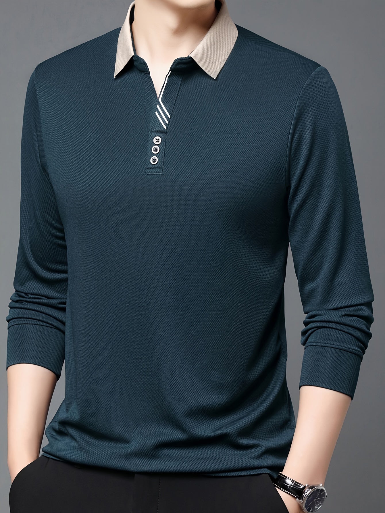 Men's Long-Sleeve Polo Shirt, Lapel Collar, Lightweight