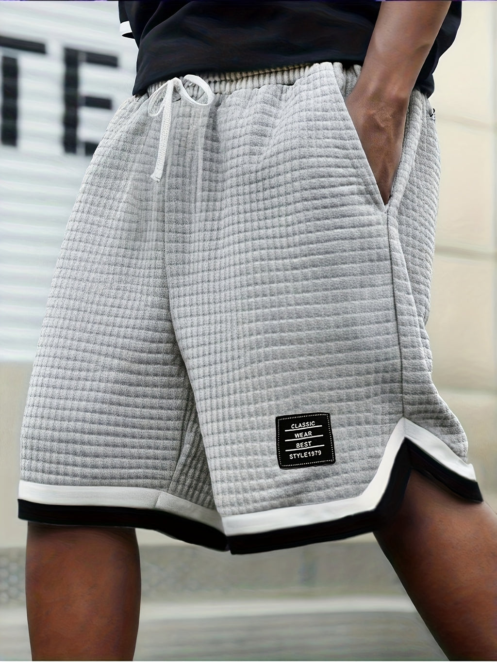 Men's Waffle Knit Shorts, Striped, Drawstring with Pockets