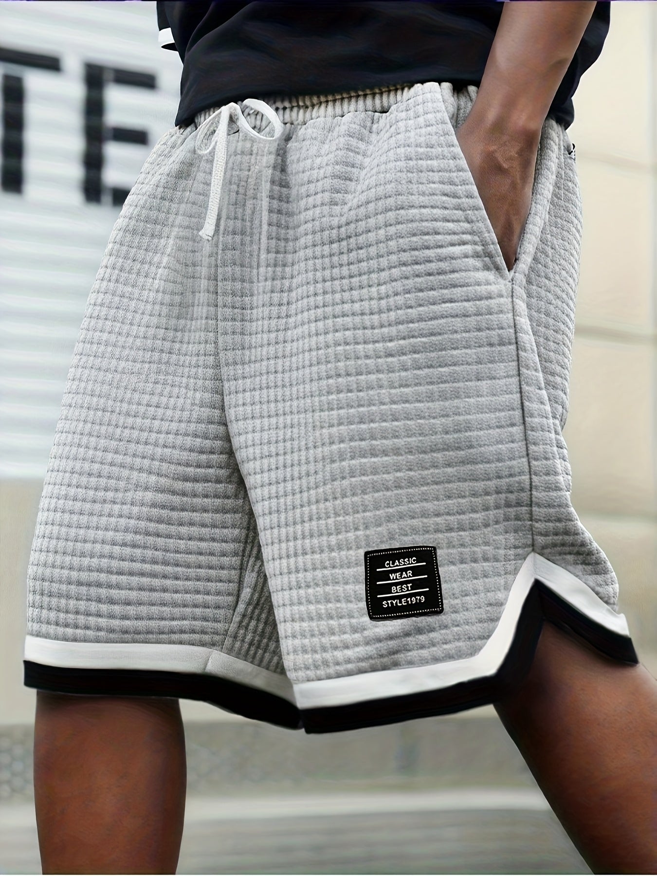 Men's Waffle Knit Shorts, Striped, Drawstring with Pockets