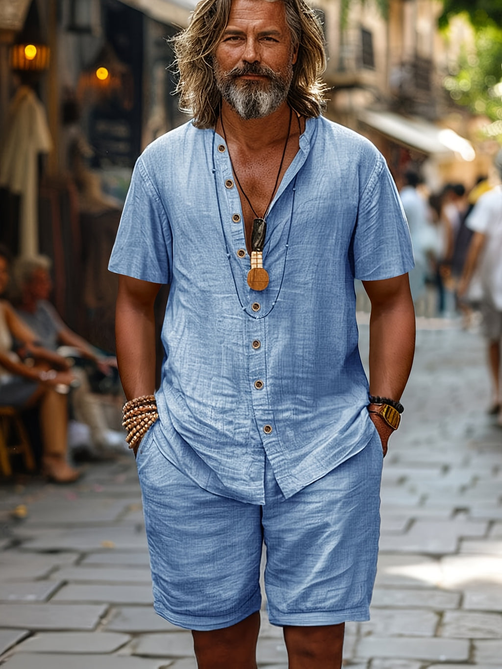 Men's Cardigan Shirt & Shorts Set, Short-Sleeve
