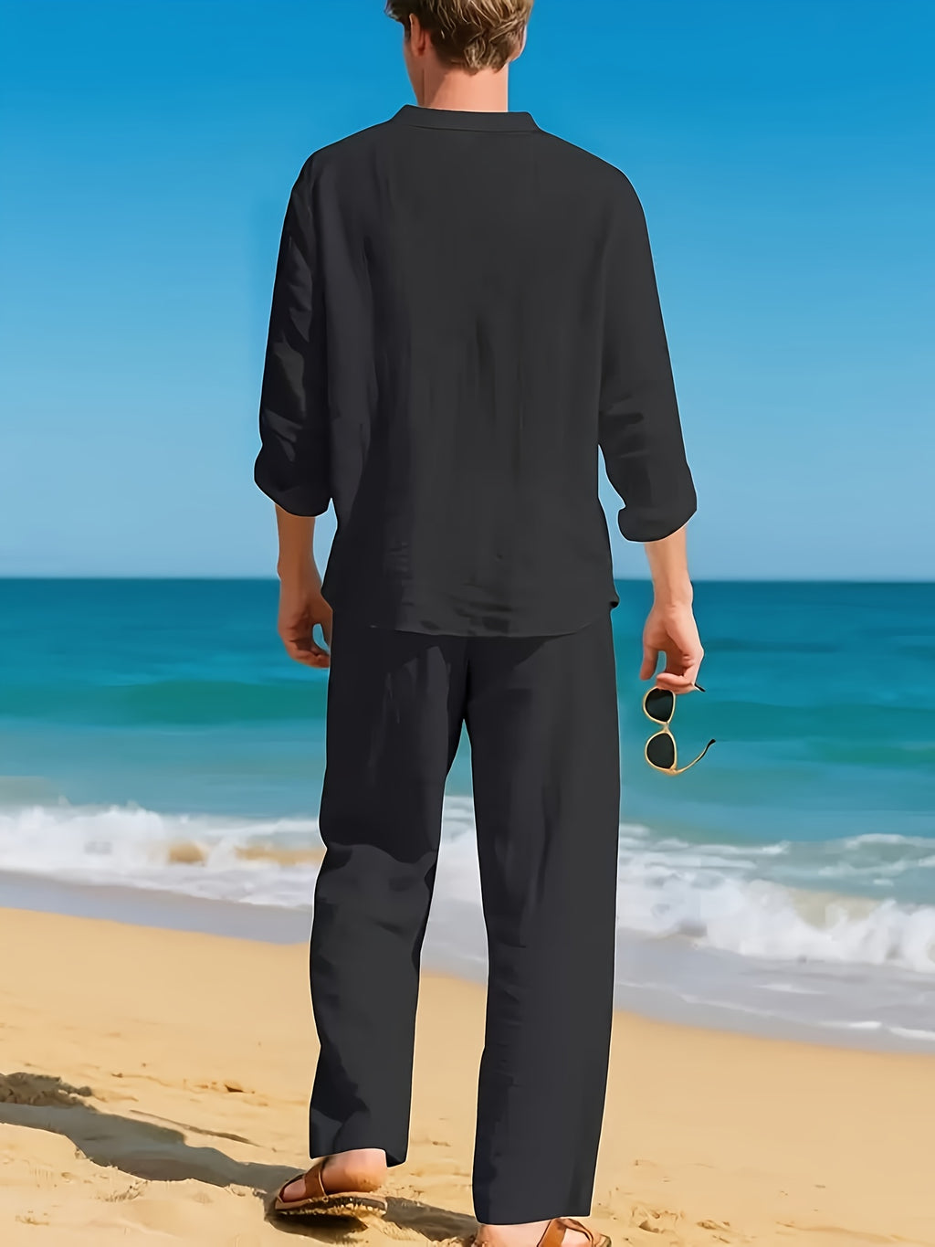 Men's Linen Shirt & Pants Set, V-Neck Long-Sleeve
