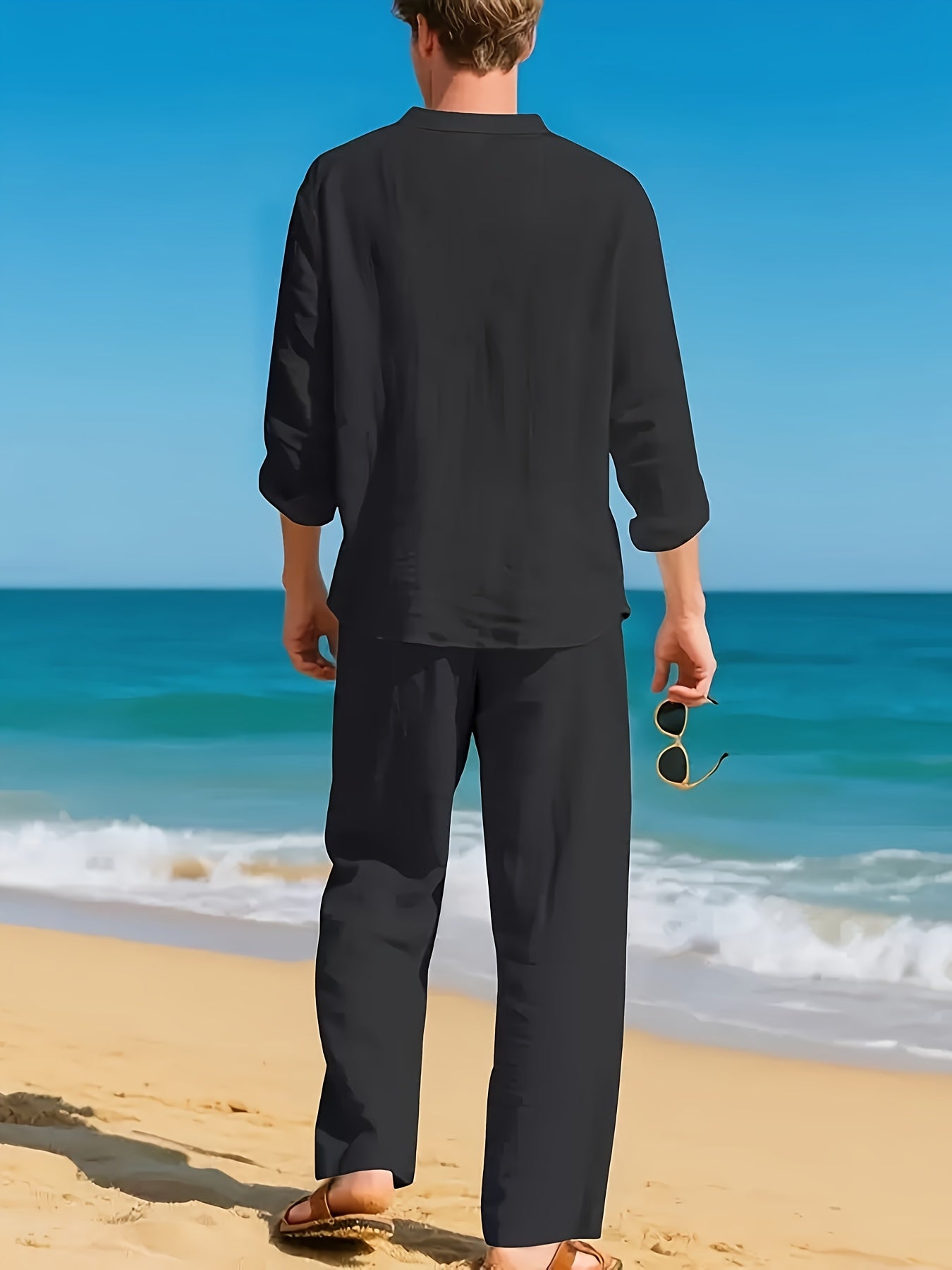 Men's Linen Shirt & Pants Set, V-Neck Long-Sleeve