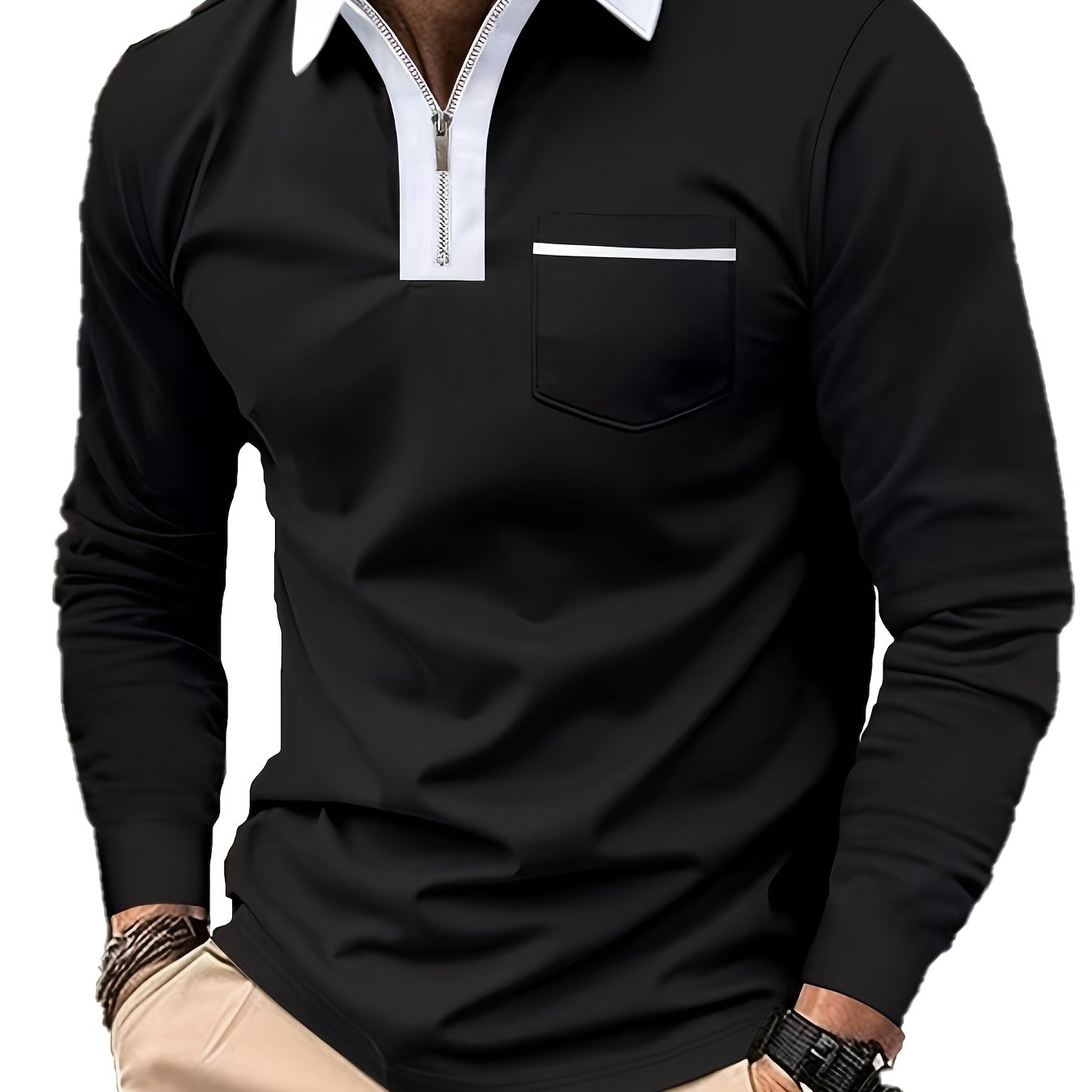 Men's Long-Sleeve Polo Shirt, Lapel Collar, Chest Pocket