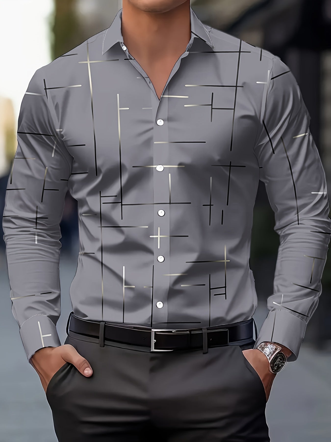 Men's Long-Sleeve Shirt, Geometric Print, Button-Up