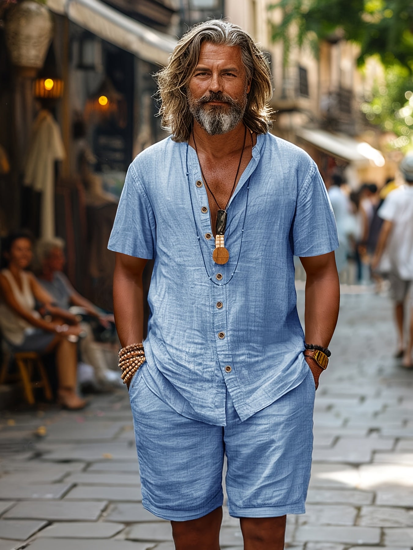 Men's Cardigan Shirt & Shorts Set, Short-Sleeve