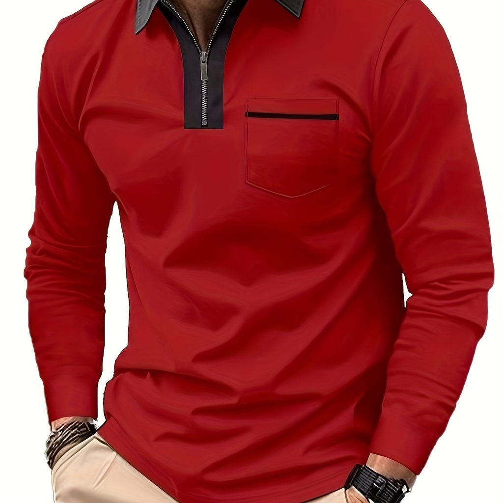 Men's Long-Sleeve Polo Shirt, Lapel Collar, Chest Pocket