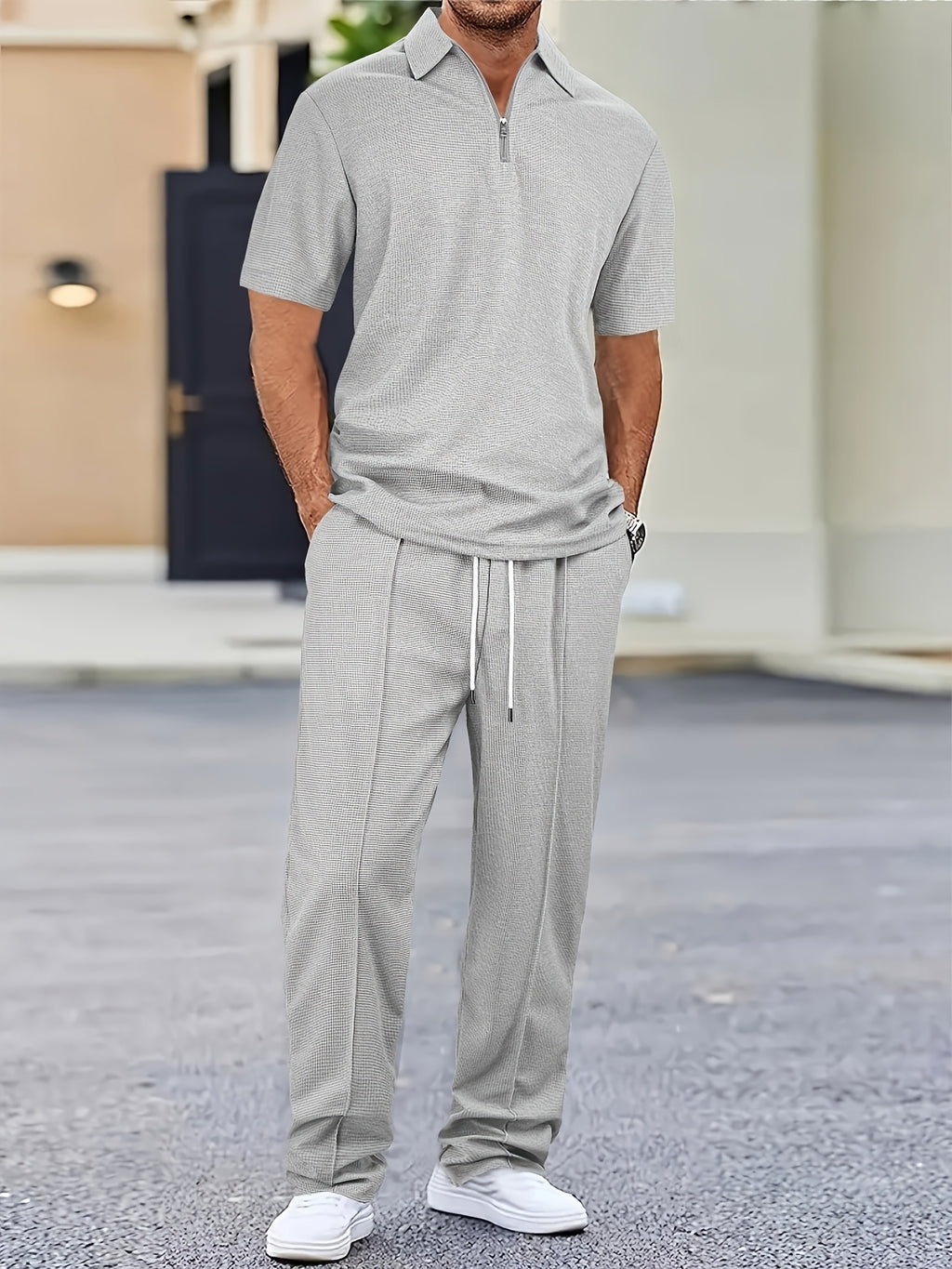 Men's Waffle-Knit Shirt & Pants Set, Zip Lapel