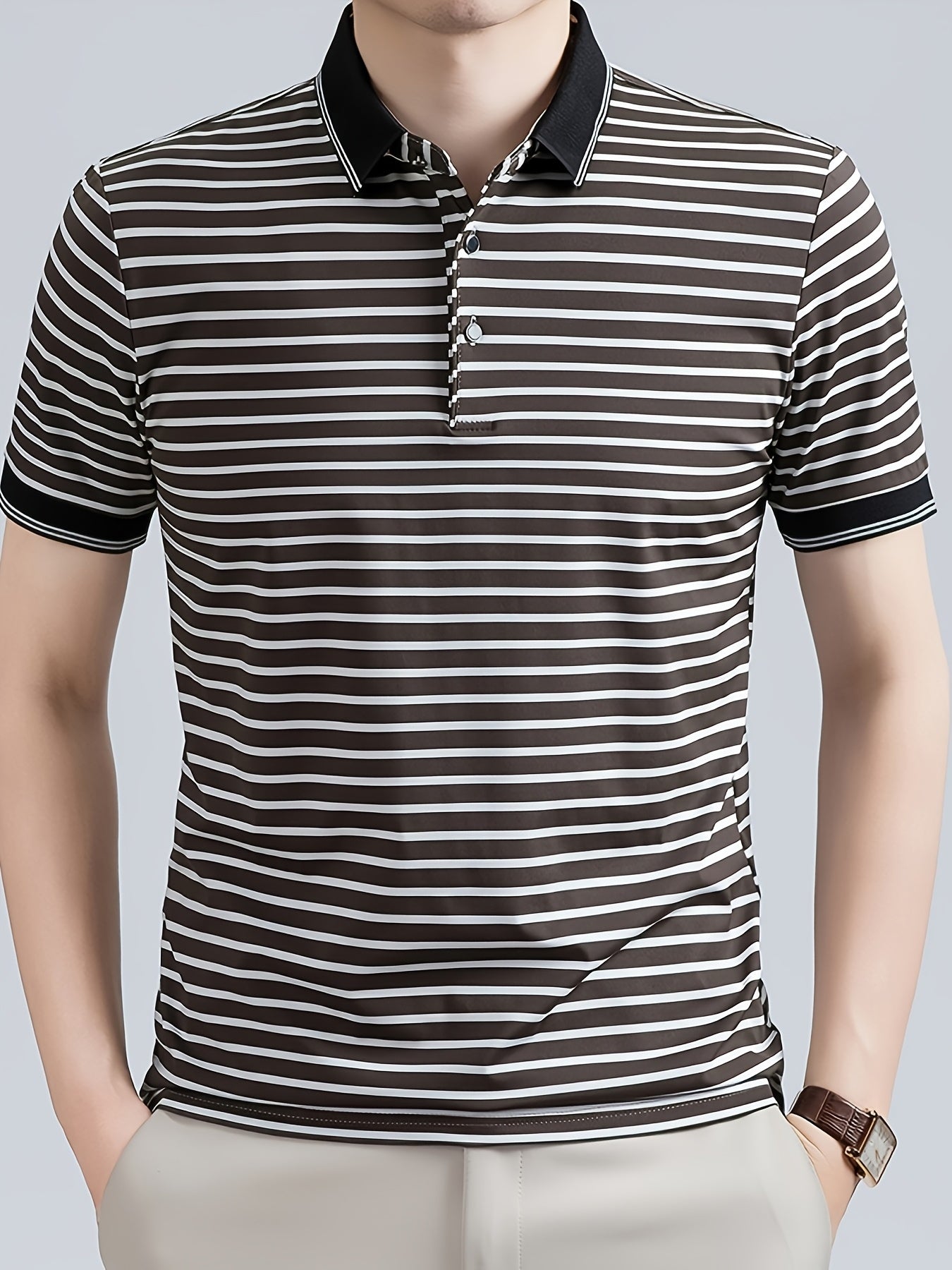 Men's Striped Polo Shirt, Short-Sleeve Lapel Collar