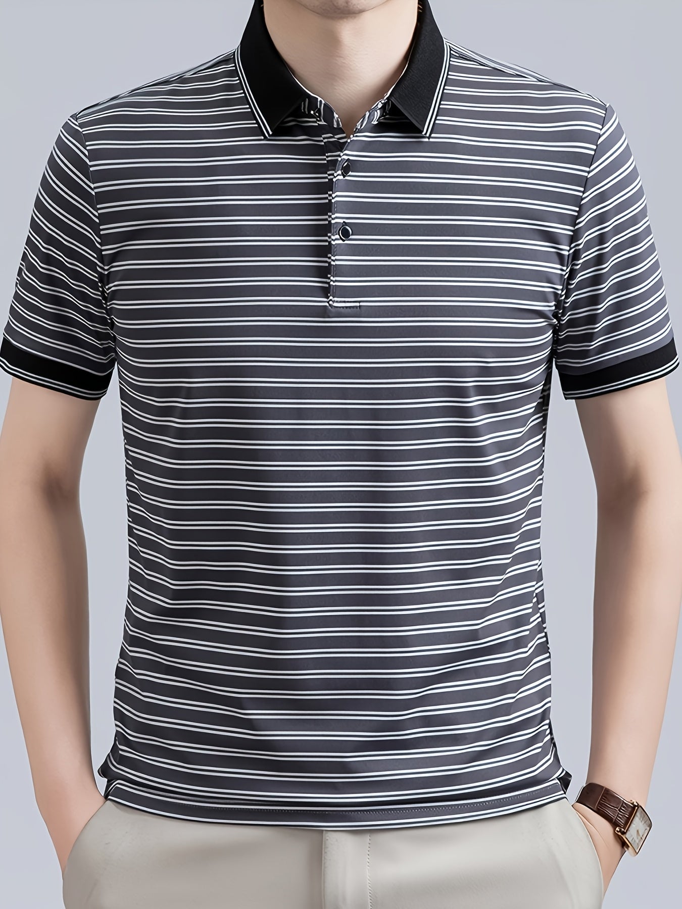 Men's Striped Lapel Polo Shirt, Contrast Short-Sleeve