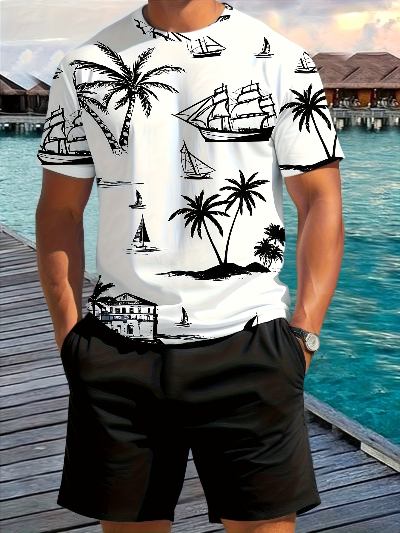 Men's Printed T-Shirt & Shorts Set, Tropical