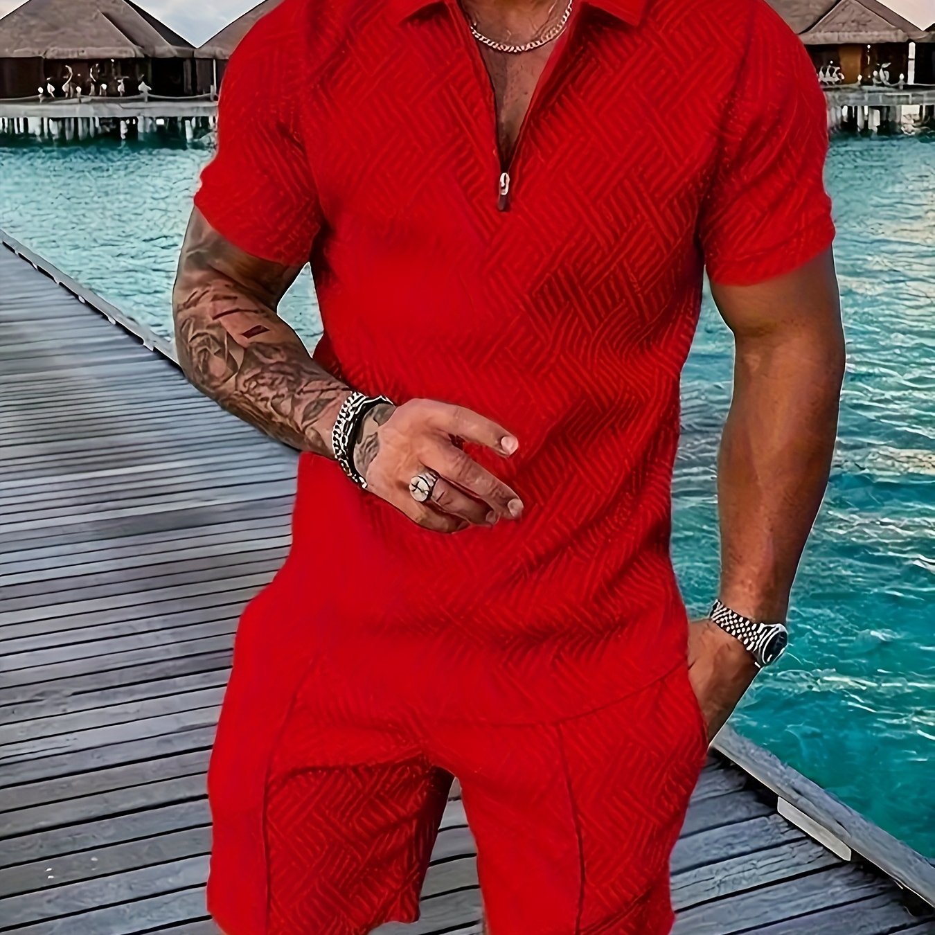 Men's Printed Shirt & Pants Set, Lapel Casual