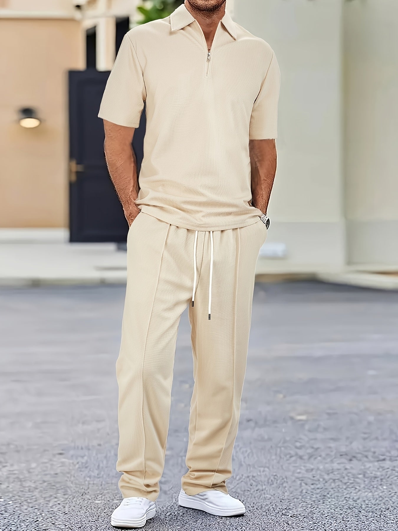 Men's Waffle-Knit Shirt & Pants Set, Zip Lapel