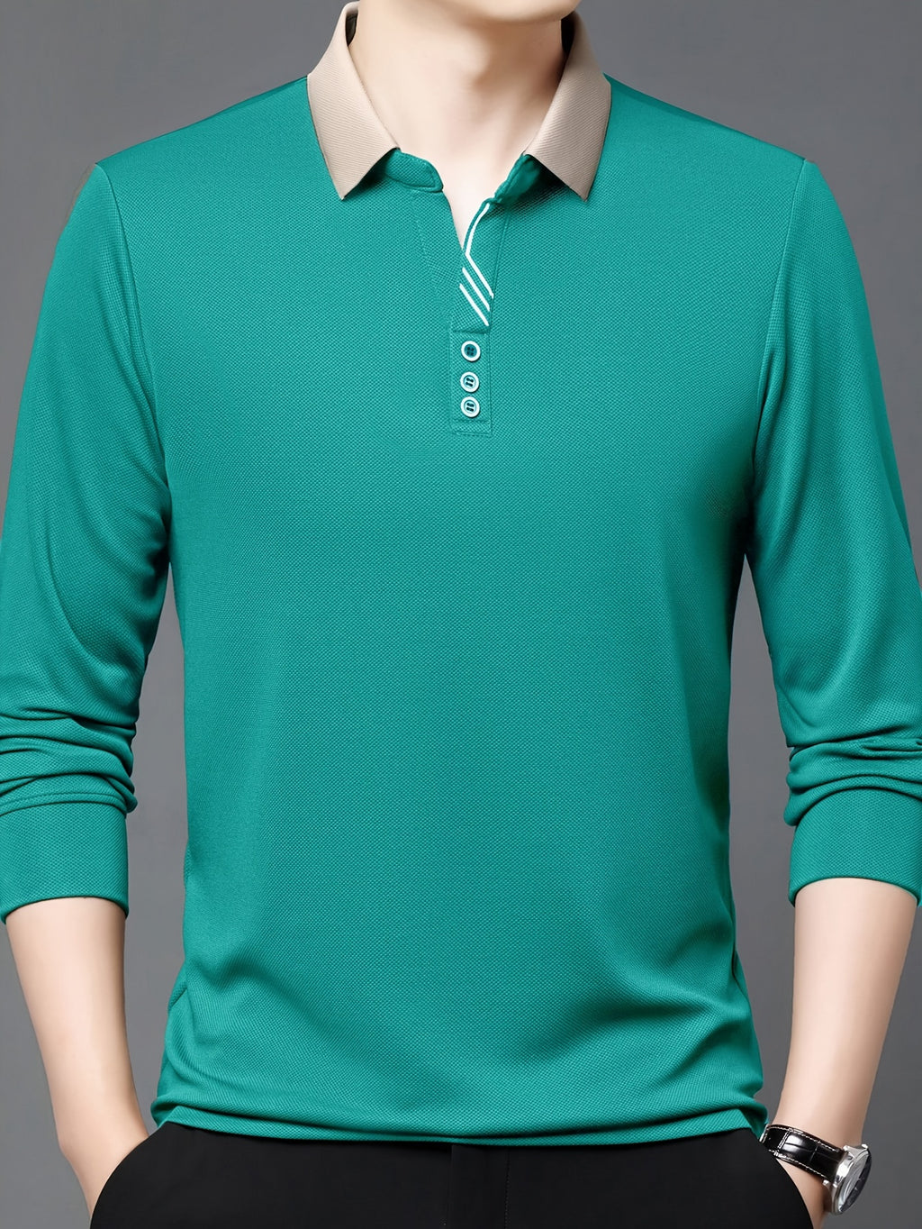 Men's Long-Sleeve Polo Shirt, Lapel Collar, Lightweight