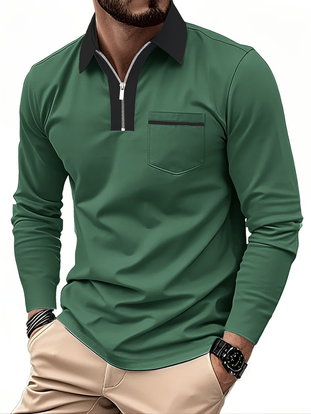 Men's Long-Sleeve Polo Shirt, Lapel Collar, Chest Pocket
