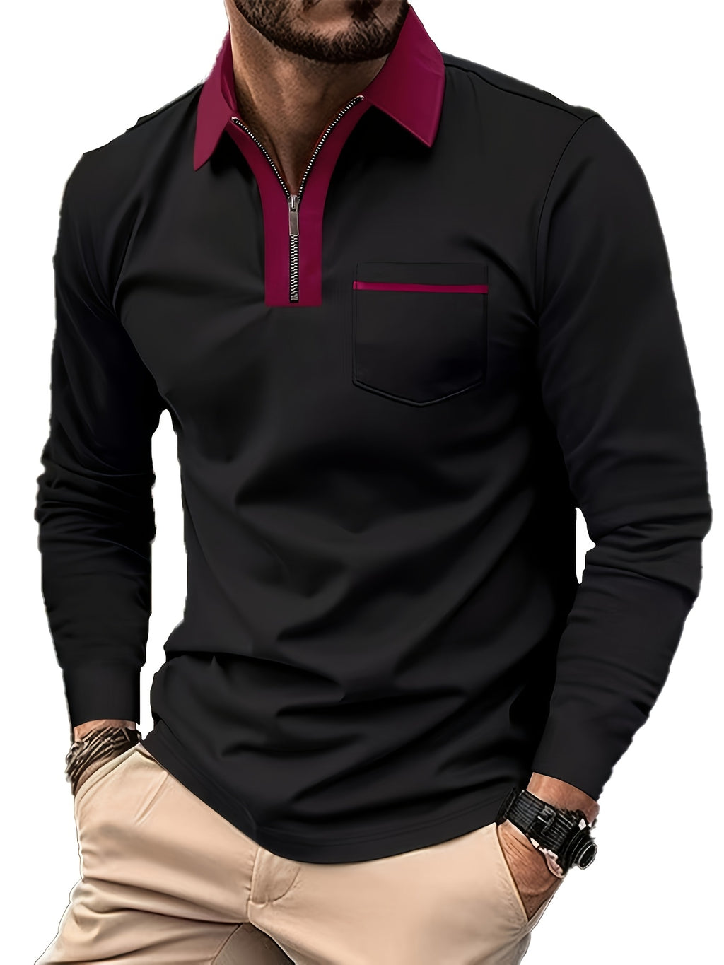 Men's Long-Sleeve Polo Shirt, Lapel Collar, Chest Pocket
