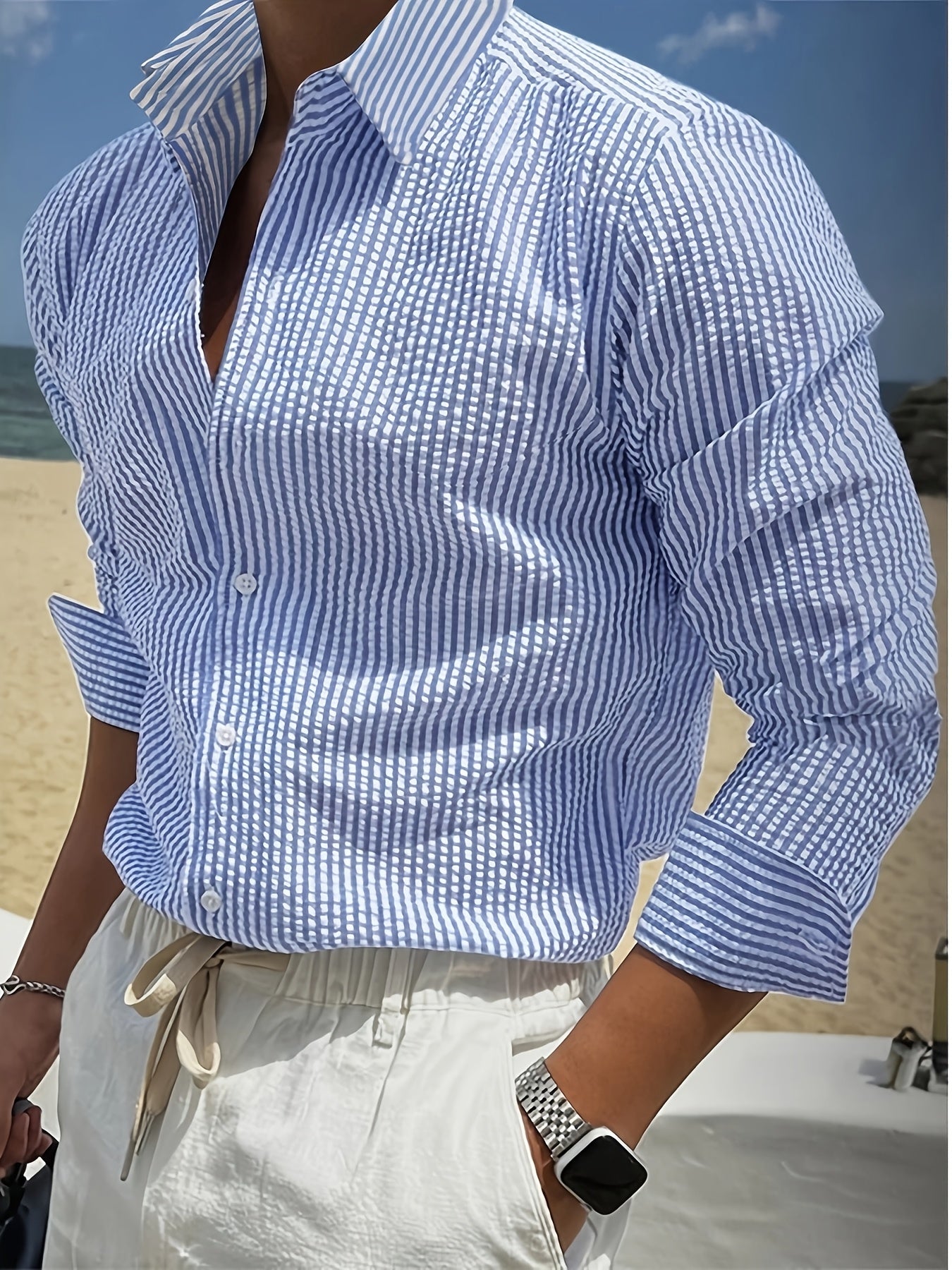 Men's Long-Sleeve Shirt, Textured Gauze, Striped Lapel