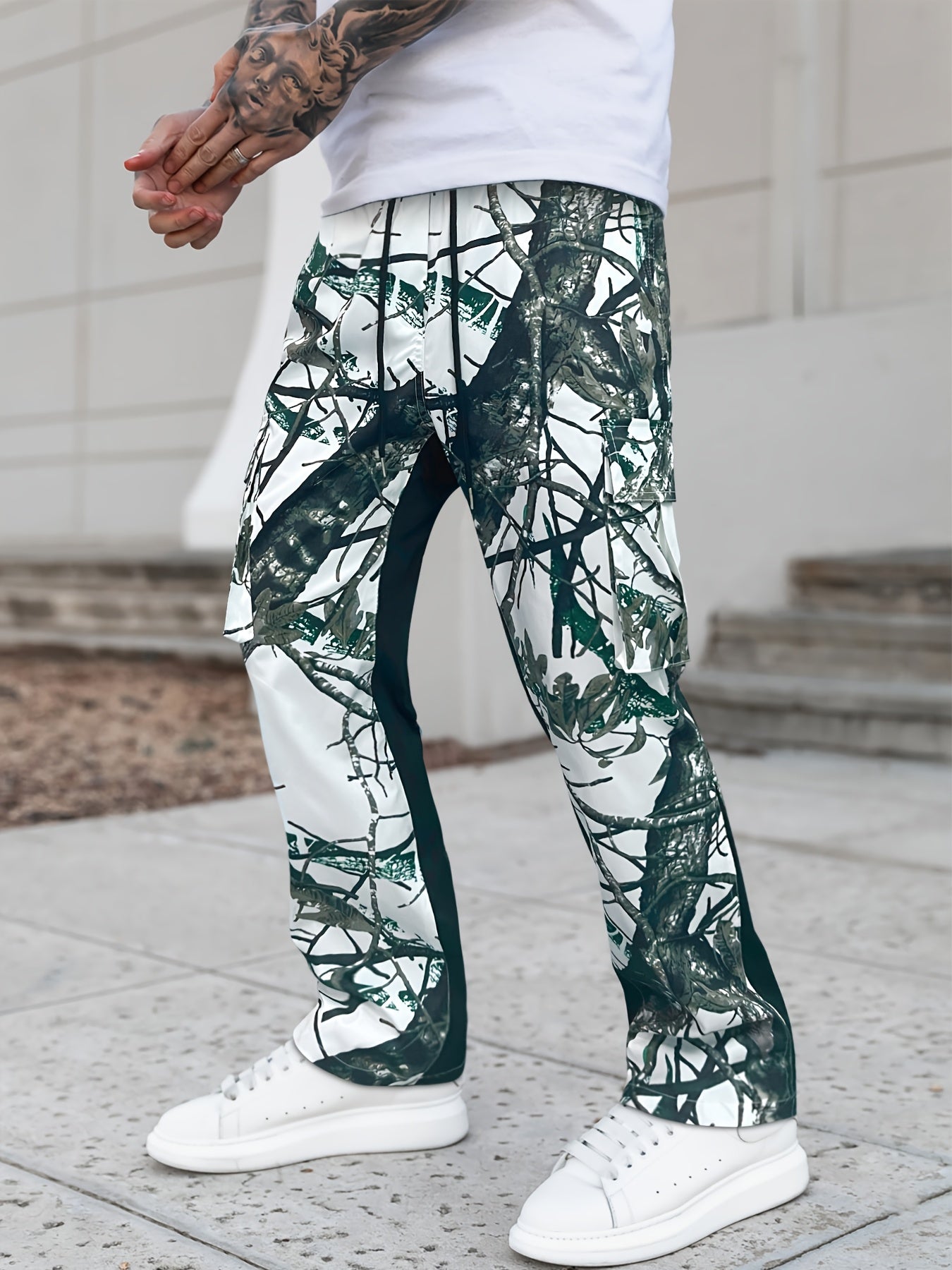 Men's Flare-Leg Cargo Pants, Printed, Elastic Waist