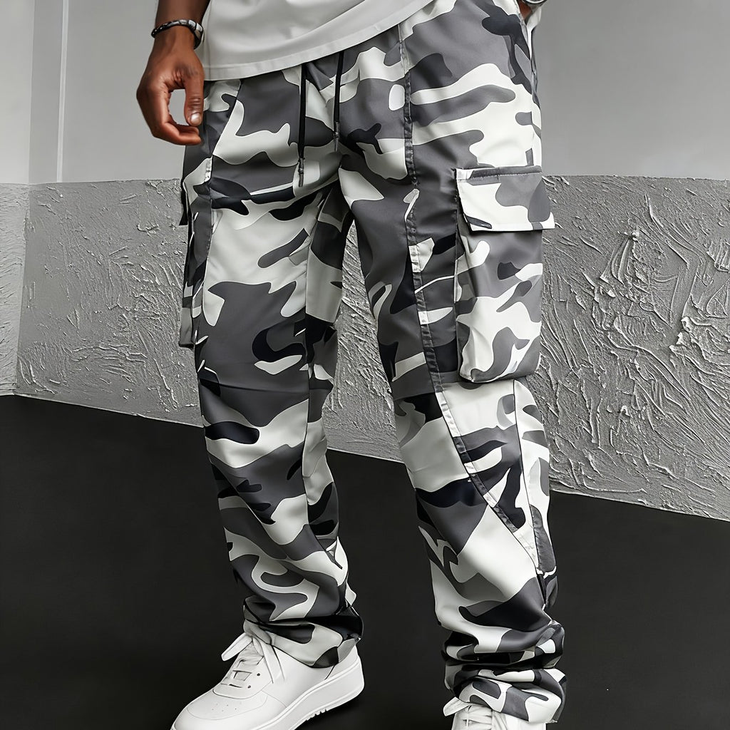 Men's Camo Cargo Pants, Flap Pockets, Drawstring Waist