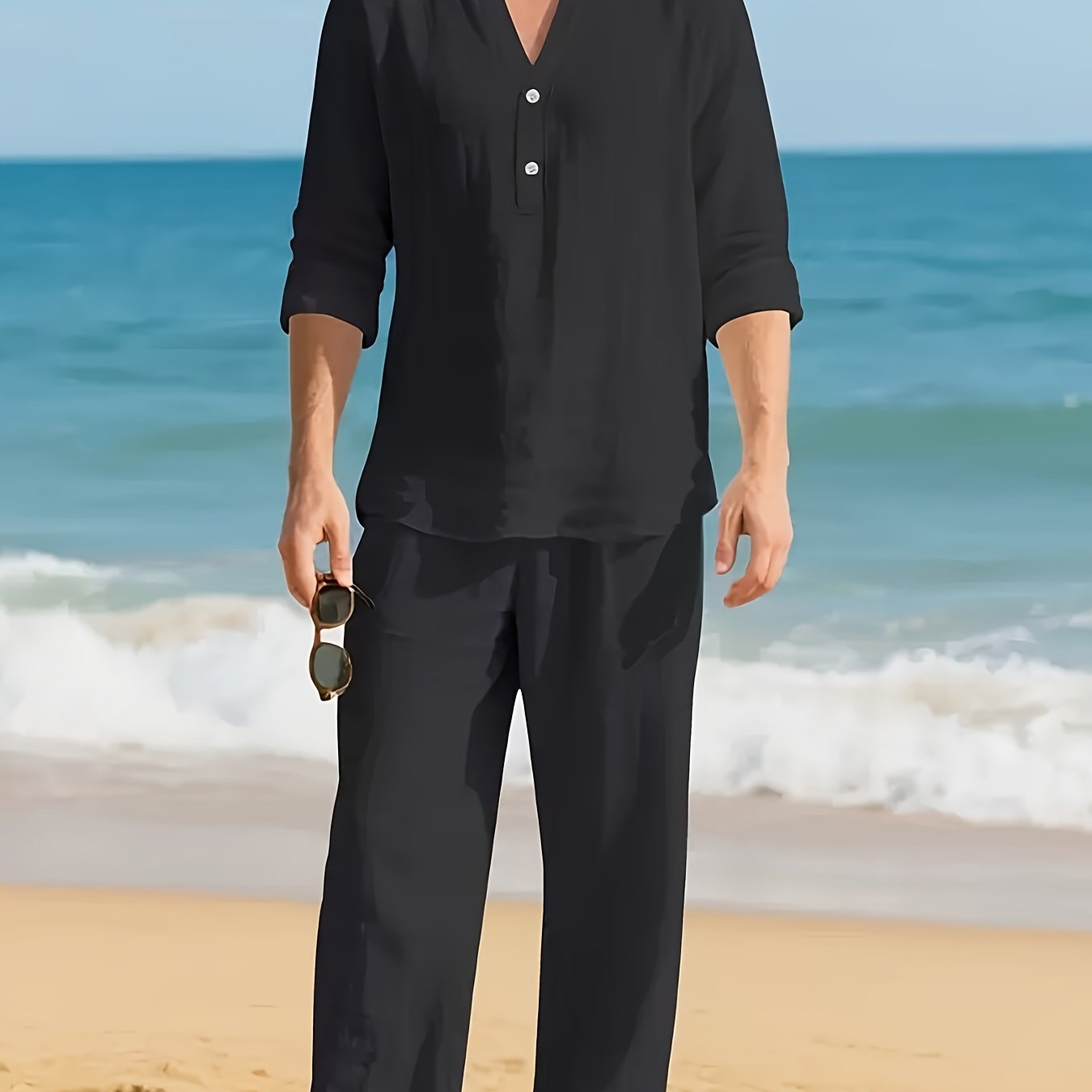 Men's Linen Shirt & Pants Set, V-Neck Long-Sleeve