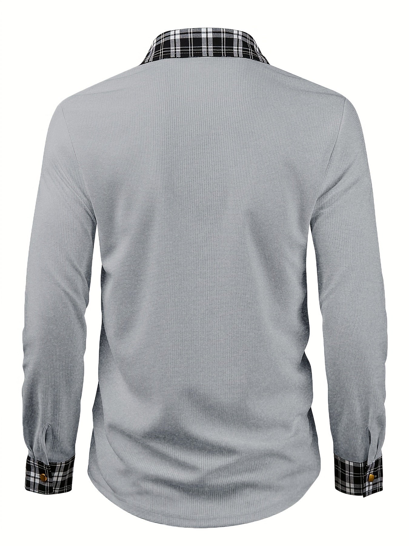 Men's Waffle-Knit Plaid Shirt, Patchwork, Long-Sleeve