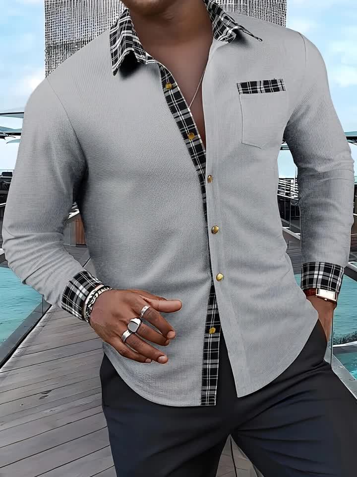Men's Waffle-Knit Plaid Shirt, Patchwork, Long-Sleeve