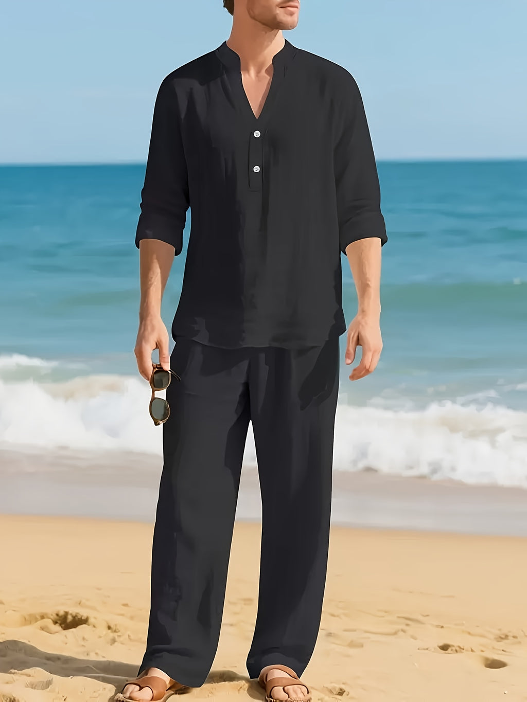 Men's Linen Shirt & Pants Set, V-Neck Long-Sleeve