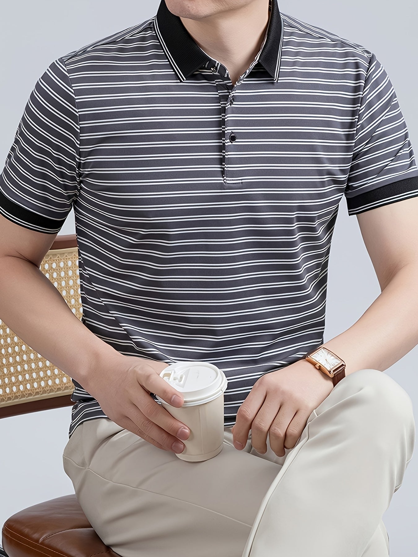 Men's Striped Lapel Polo Shirt, Contrast Short-Sleeve