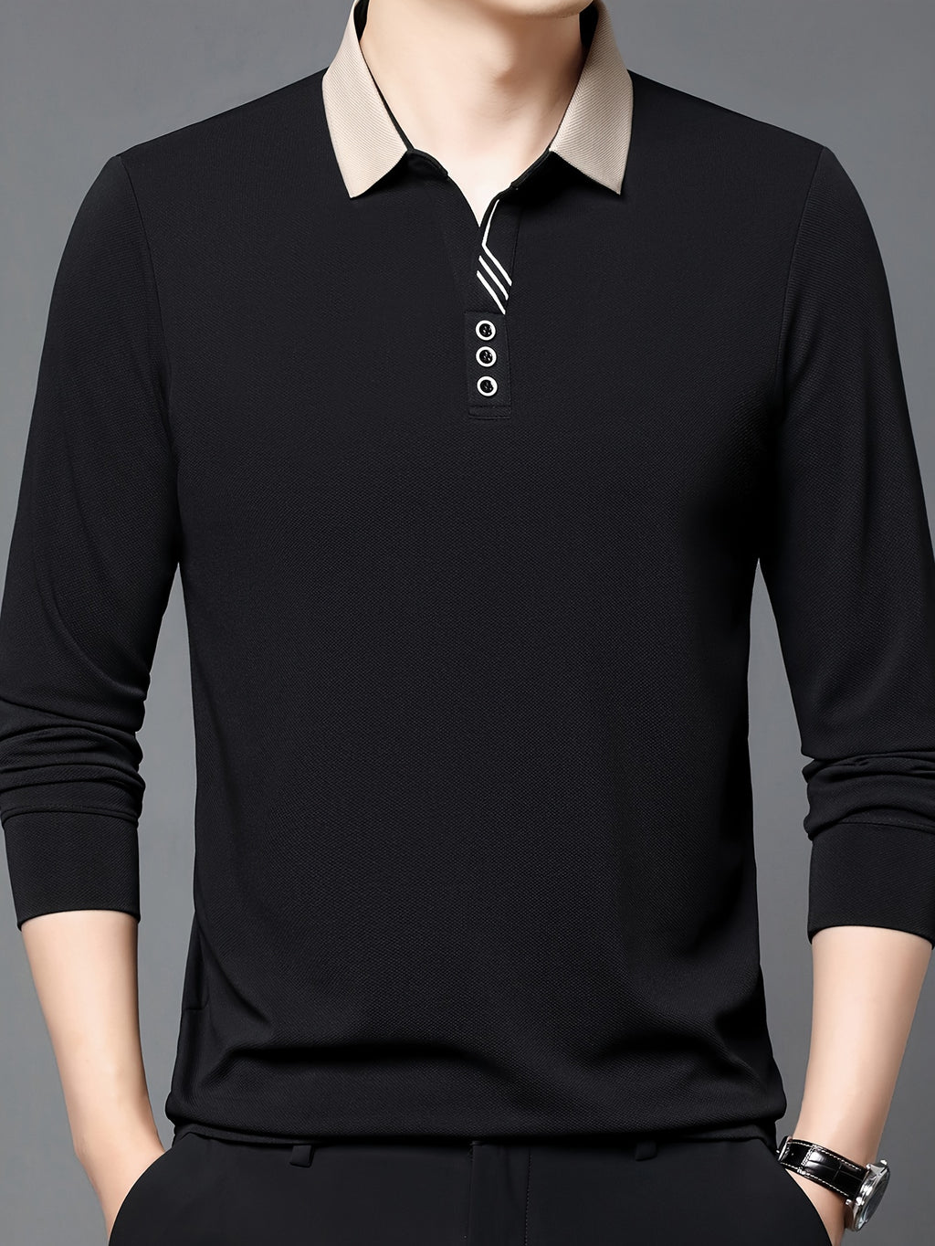 Men's Long-Sleeve Polo Shirt, Lapel Collar, Lightweight