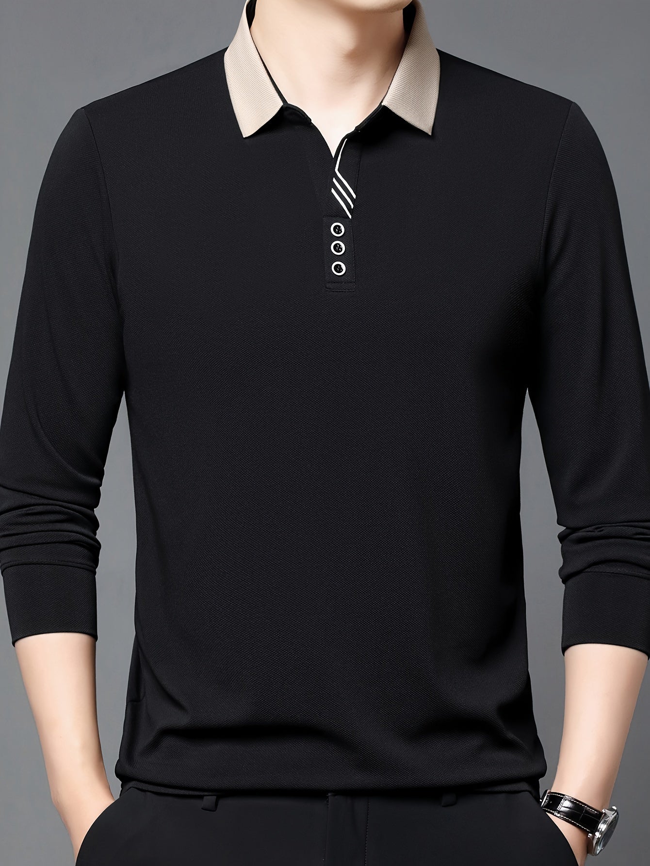 Men's Long-Sleeve Polo Shirt, Lapel Collar, Lightweight
