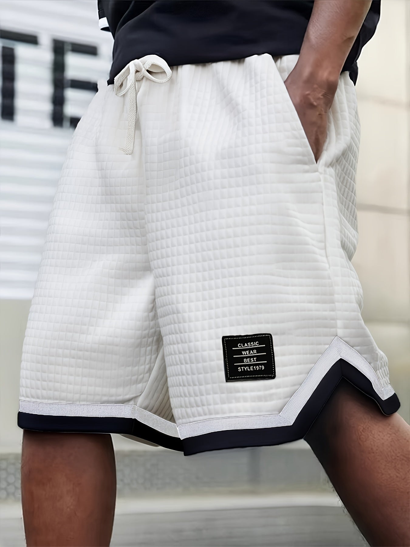 Men's Waffle Knit Shorts, Striped, Drawstring with Pockets