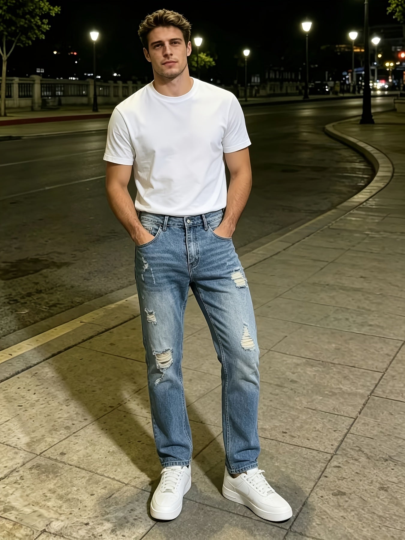 Men's Jeans, Light Wash, Ripped Slim Fit