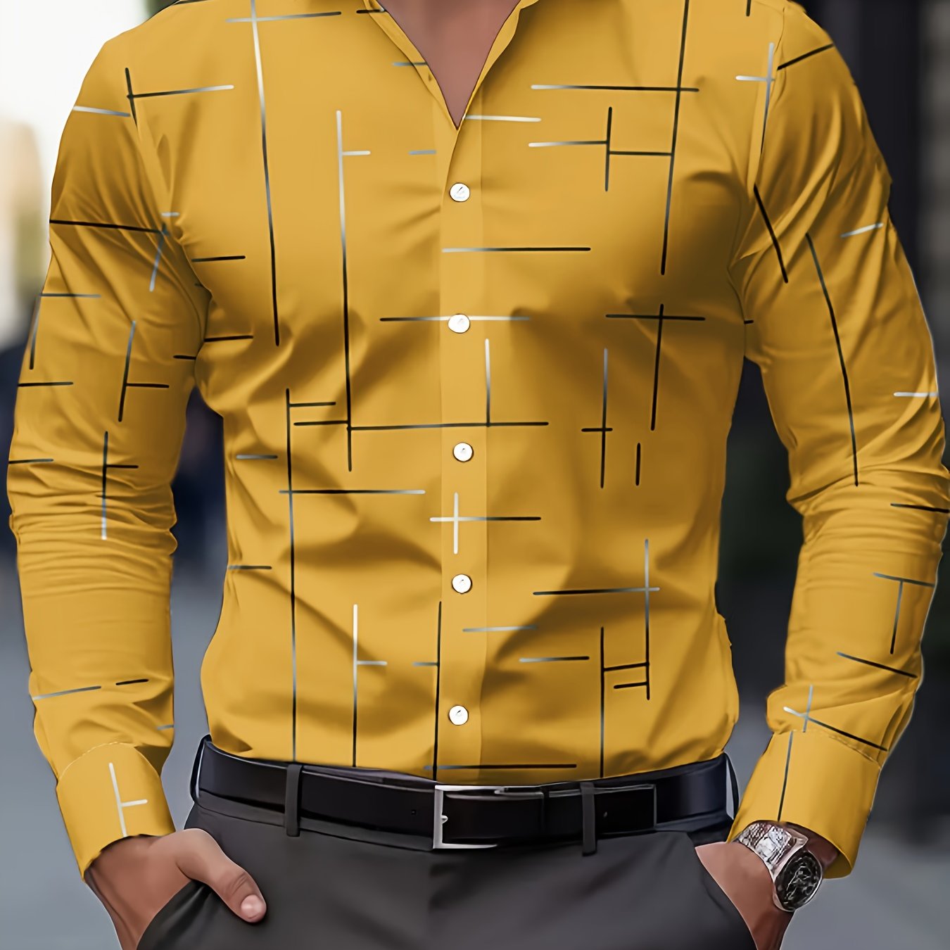 Men's Long-Sleeve Shirt, Geometric Print, Button-Up