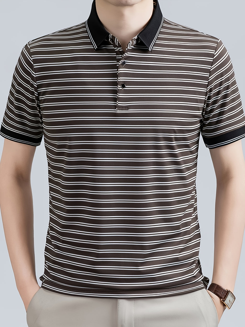 Men's Striped Lapel Polo Shirt, Contrast Short-Sleeve