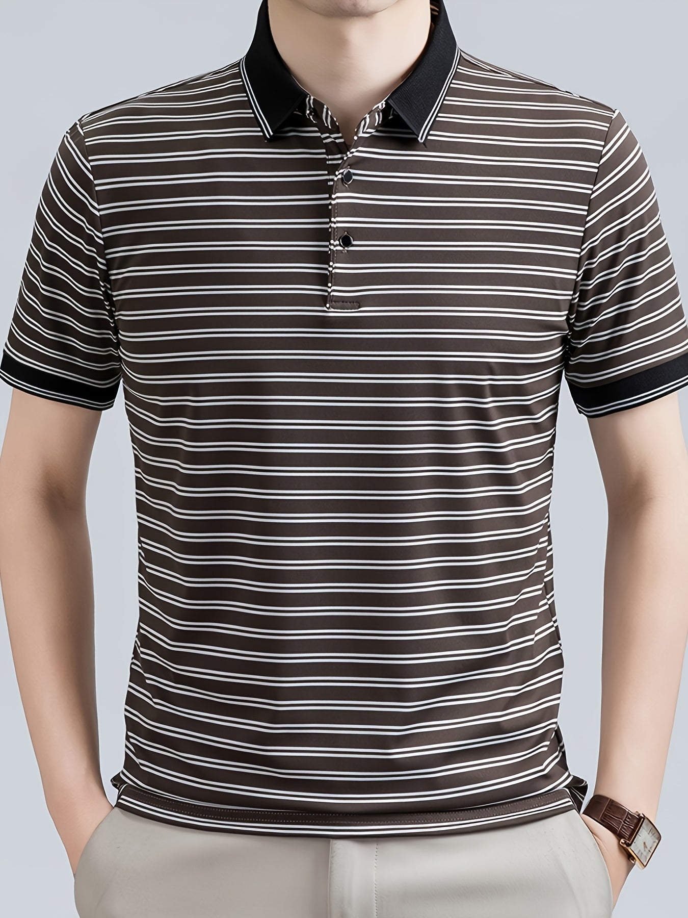 Men's Striped Lapel Polo Shirt, Contrast Short-Sleeve