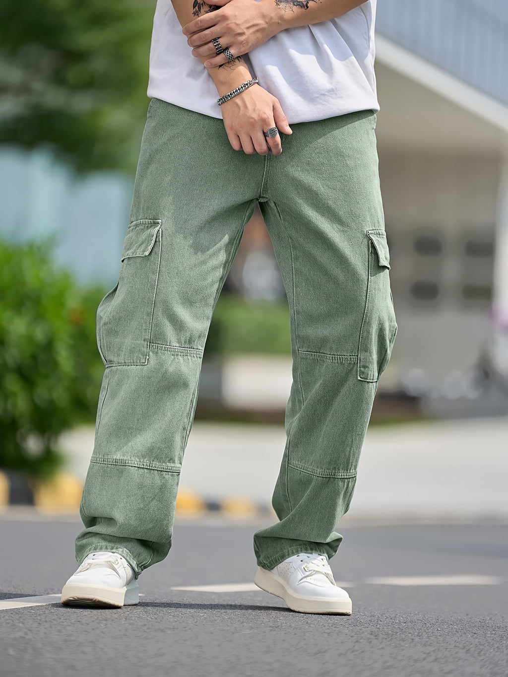Men's Cargo Jeans, Loose Straight-Leg, Washed Denim