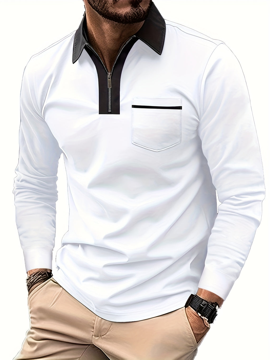 Men's Long-Sleeve Polo Shirt, Lapel Collar, Chest Pocket