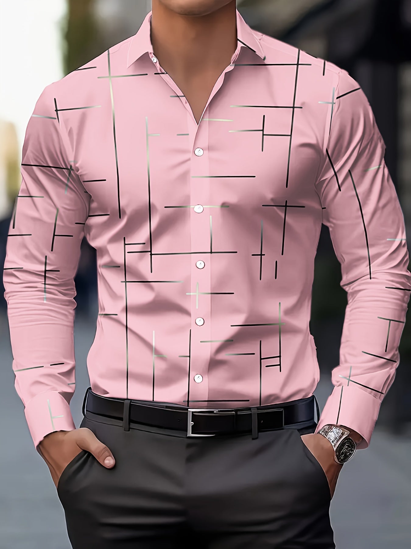 Men's Long-Sleeve Shirt, Geometric Print, Button-Up