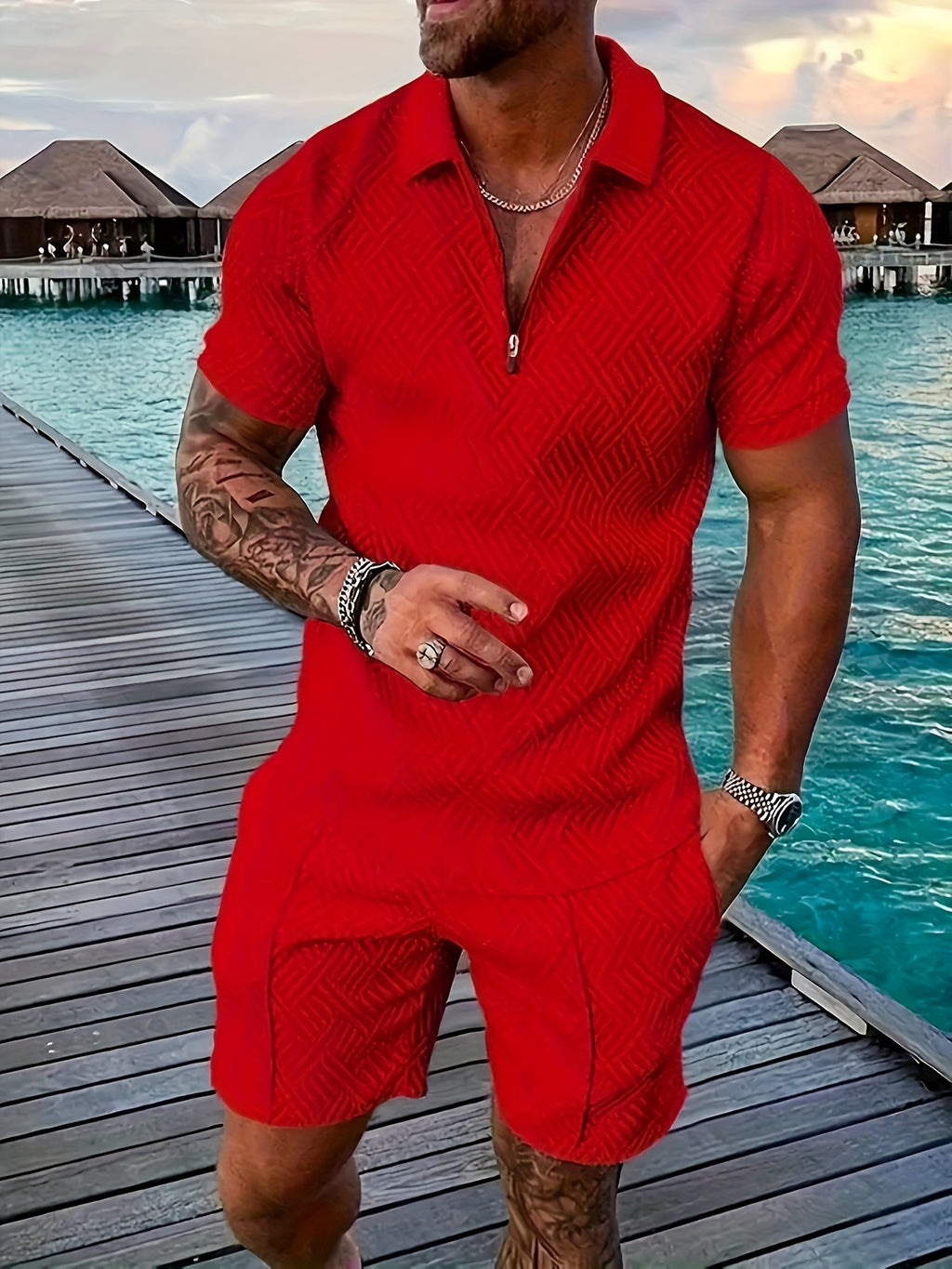 Men's Printed Shirt & Pants Set, Lapel Casual
