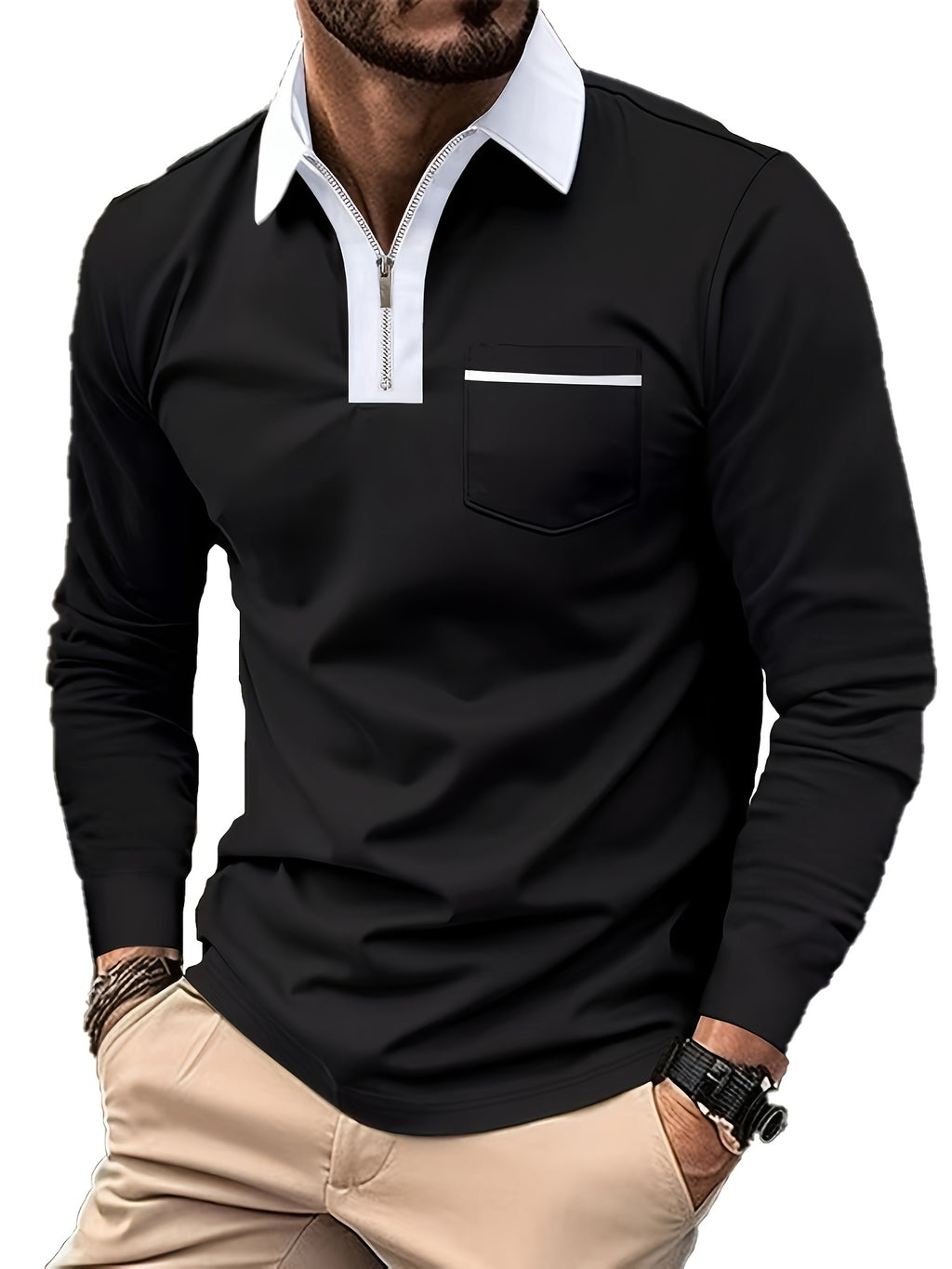 Men's Long-Sleeve Polo Shirt, Lapel Collar, Chest Pocket