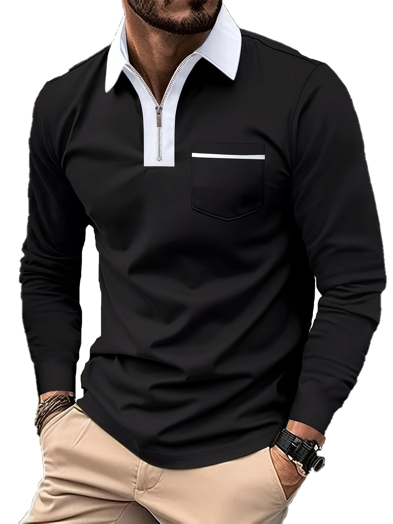 Men's Long-Sleeve Polo Shirt, Lapel Collar, Chest Pocket