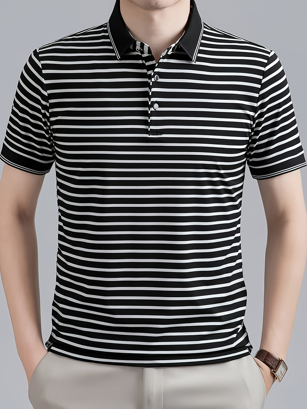 Men's Striped Polo Shirt, Short-Sleeve Lapel Collar